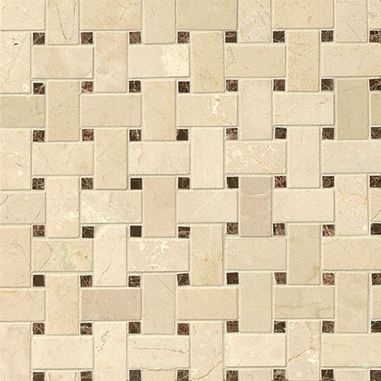 Bedrosians Belmond Basket Weave Mosaic  Crema Marfil (Hnd) w/ Emperador Dark (Pol) Dot - 12x12x3/8