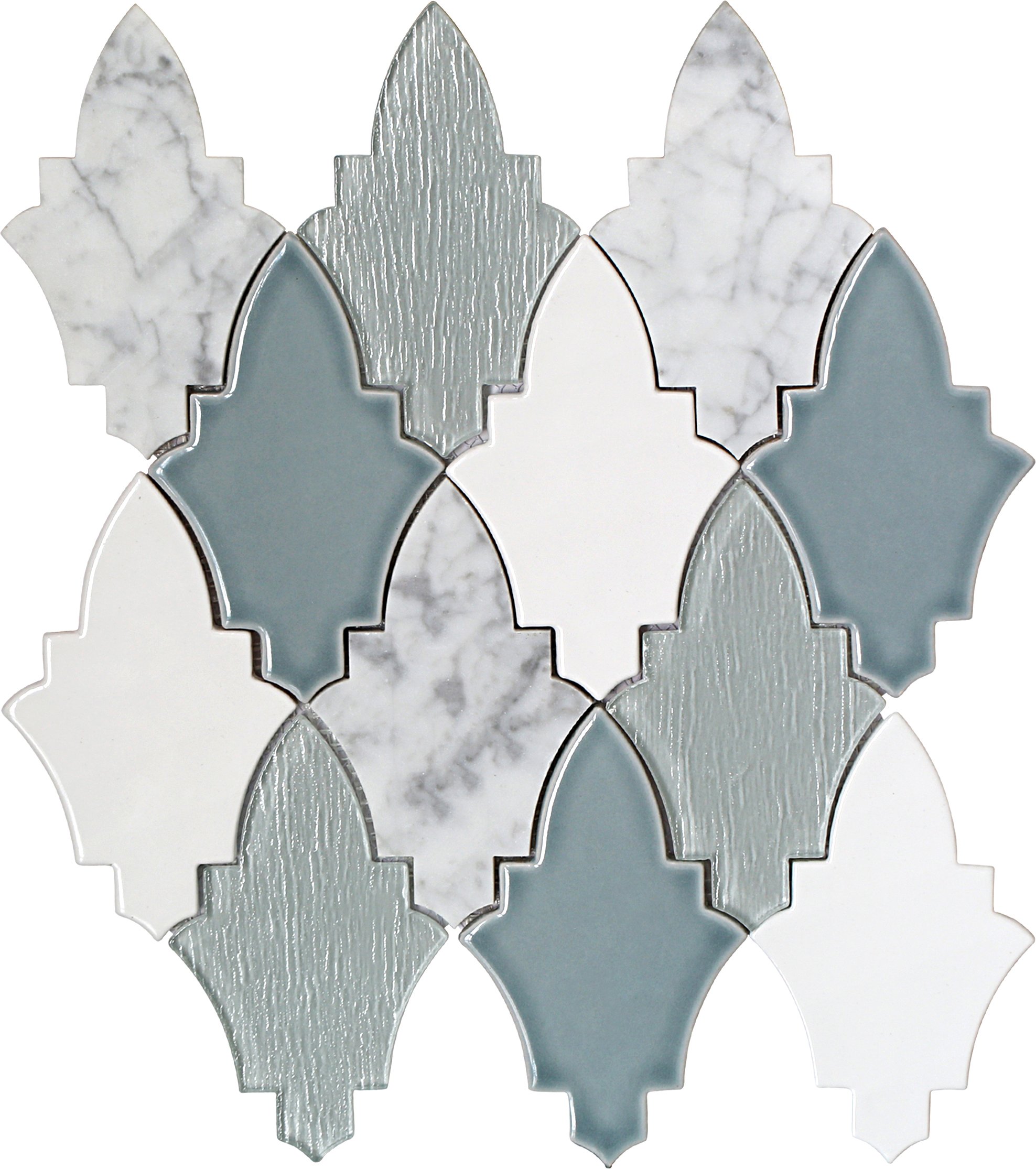 Emser Fleur Viole stone, ceramic and glass mix mosaic tile 11X12 gloss W94FLEUVI1112MO is an Emser tile product.  Emser Tile Fleur is a modified arabesque mosaic tile and its composed of stone, ceramic and glass.   This gorgeous Emser tile Fleur or flower