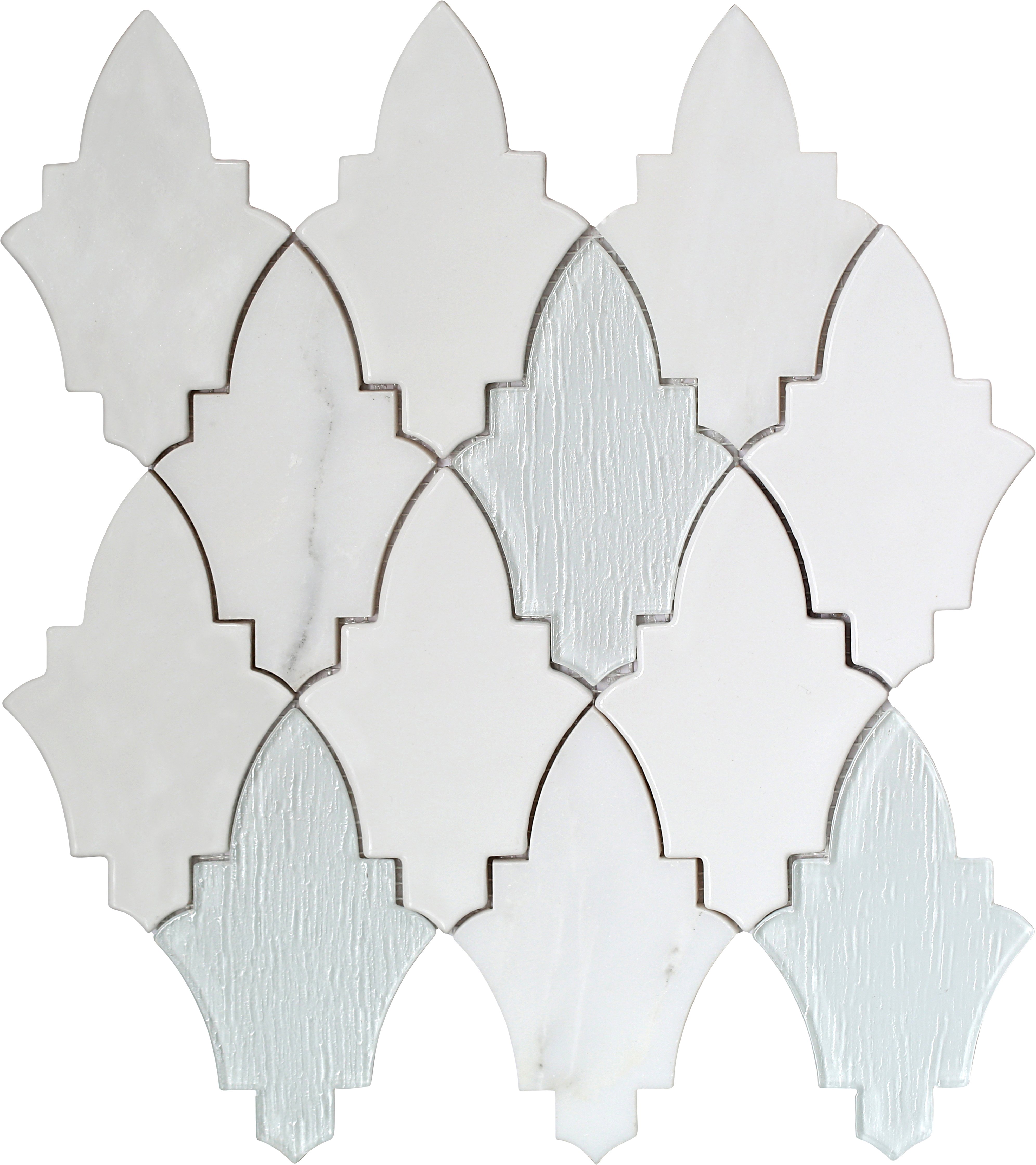 Emser FLEUR AFFODILL stone, ceramic and glass mix mosaic tile 11X12 gloss W94FLEUAF1112MO is an Emser tile product.  Emser Tile Fleur is a modified arabesque mosaic tile and its composed of stone, ceramic and glass.   This gorgeous Emser tile Fleur or flo