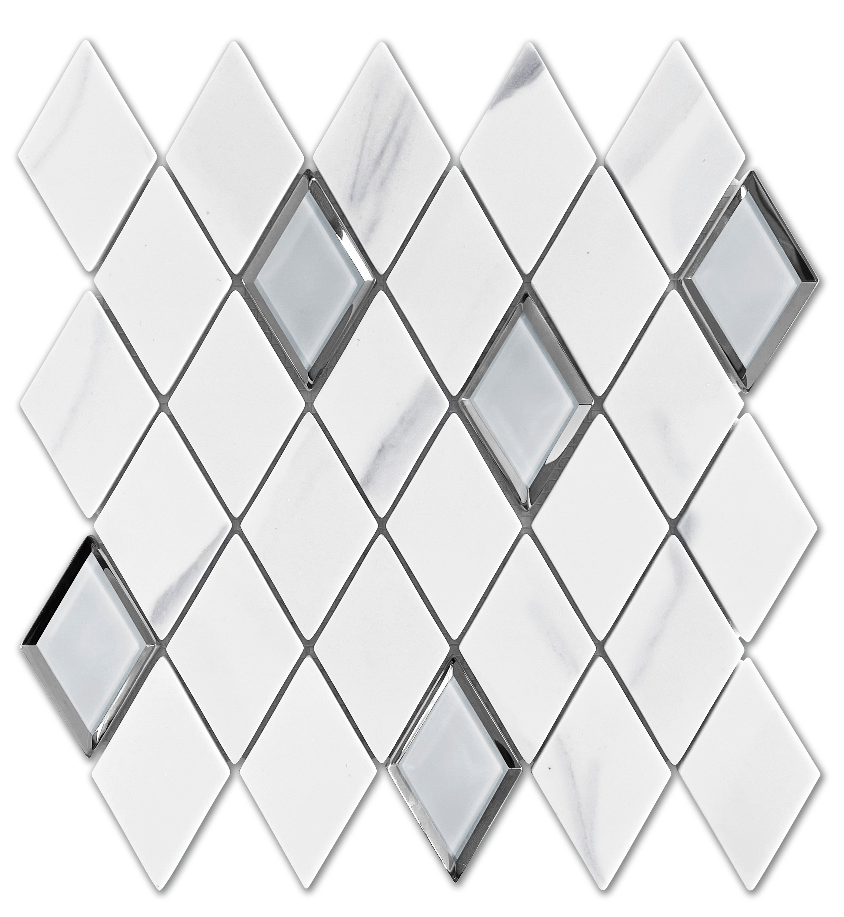Emser L'AMOUR White Diamond  recycled glass mosaic tile W83LAMOWH1212MDI is an Emser tile product. Emser tile L'amour mosaic tile is made of recycled glass.   Emser Tile L'amour mosaics comes in picket, diamond, leaf, triad, kaleidoscope, and offset.   
