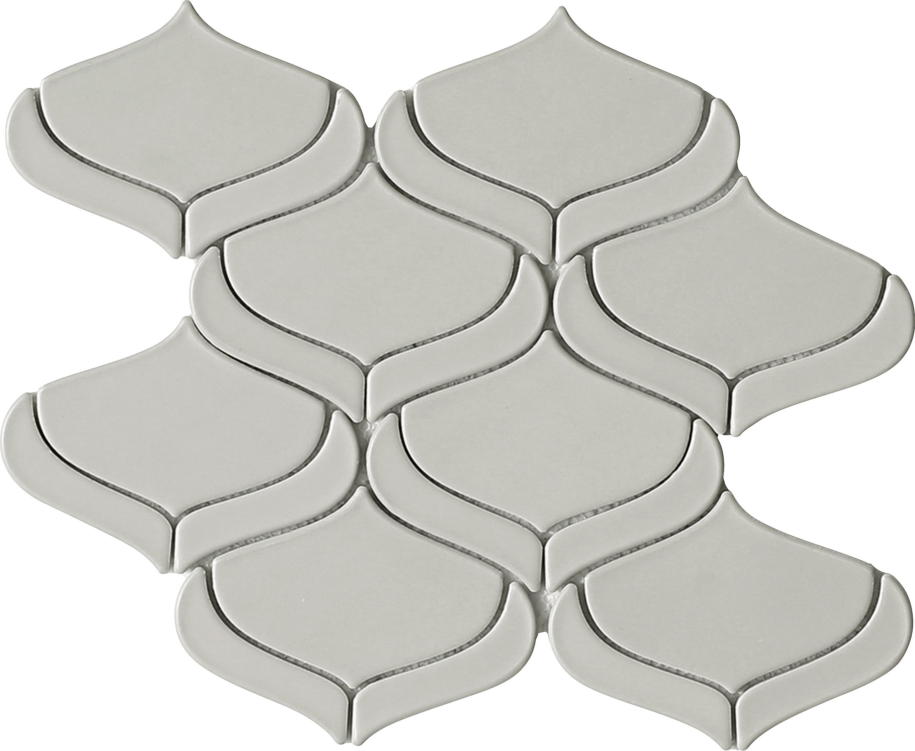 Emser Mythos Arabesque Gray ceramic mosaic tile 11x12 grey W94MYTSARGR1112MOV2 is an artistic mosaic wall tile. Emser Mythos mosaic tile is a Emser product.  Emser Mythos Ceramic mosaic tile collection comes in Arabesque, Petals and Curves mosaic design. 