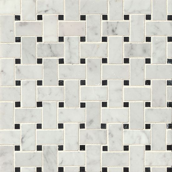 Bedrosians Aurora Basket Weave Mosaic White Carrara (Hnd) w/ Black Marble (Hnd) Dot - 12x12x3/8