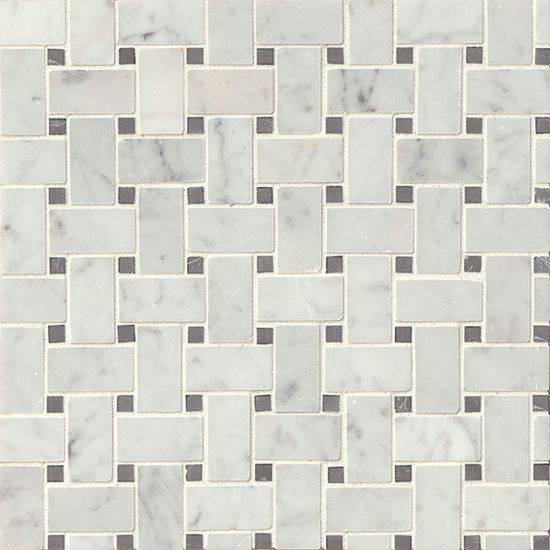 Bedrosians Essex Basket Weave Mosaic White Carrara (Hnd) w/ Grey Marble (Hnd) Dot - 12x12x3/8